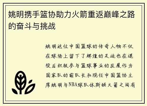 姚明携手篮协助力火箭重返巅峰之路的奋斗与挑战
